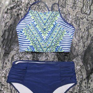 2pc Bikini Swim Suit Blue and Green Boho Print Size L